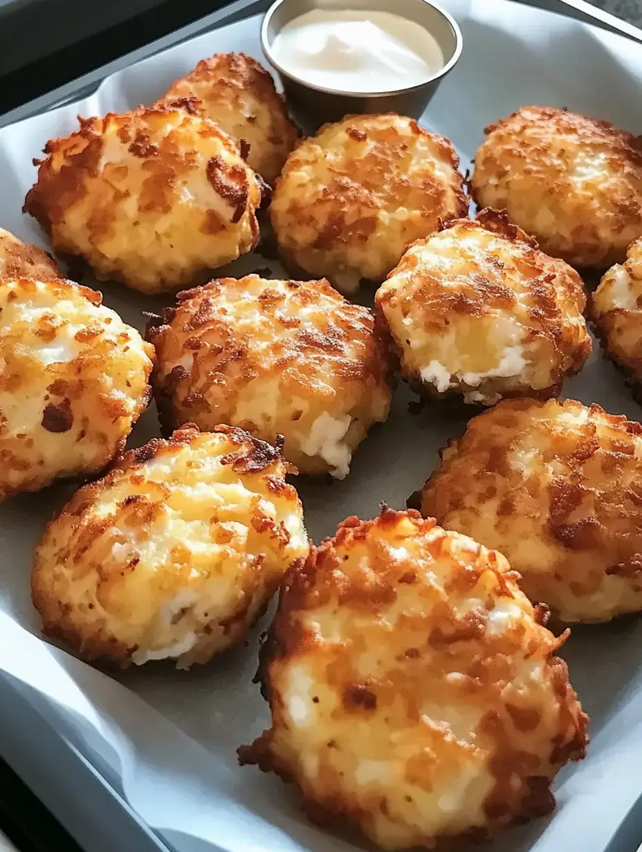 A platter of golden-brown fried cheese balls served with a small cup of dipping sauce.