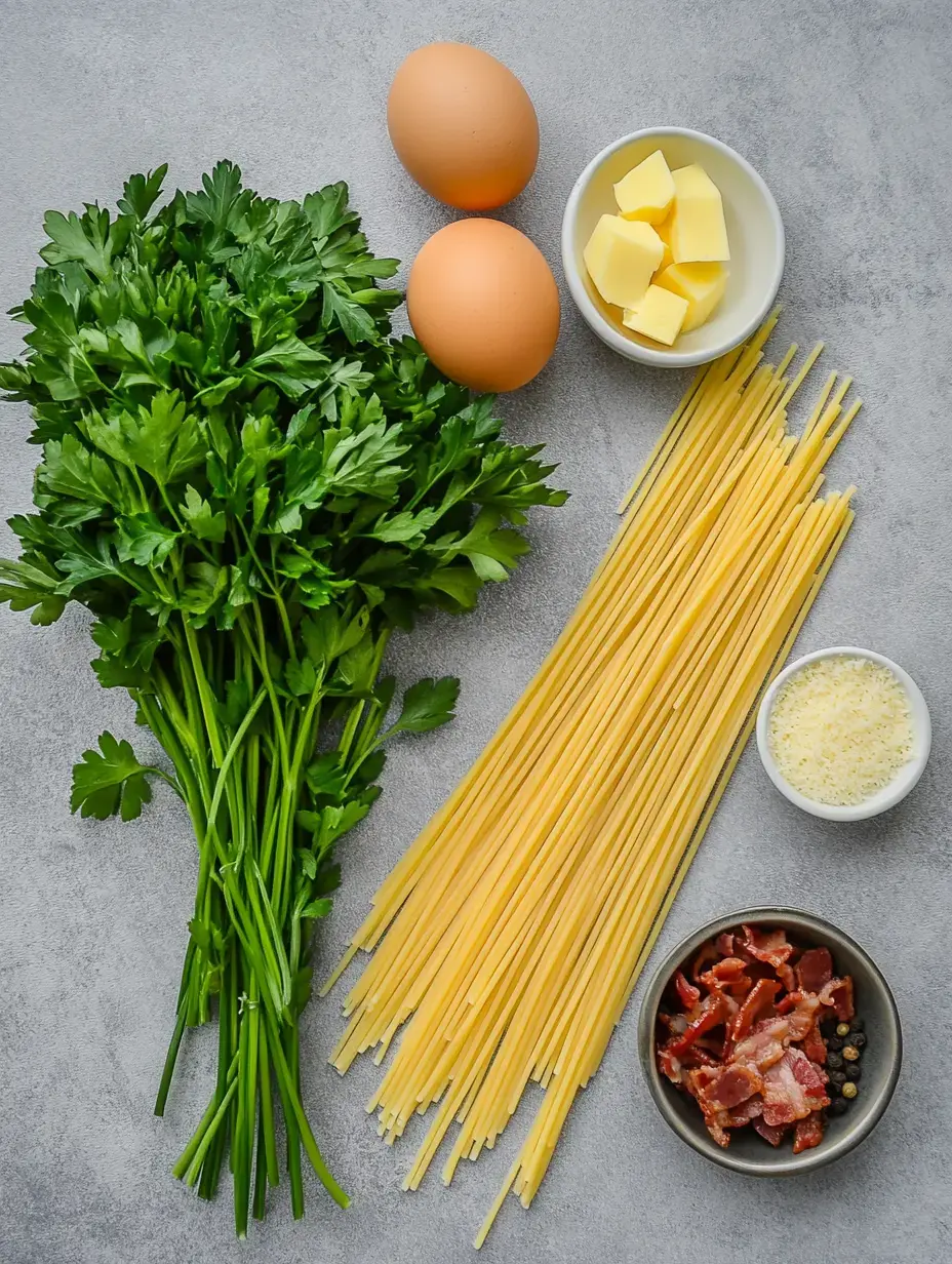 A selection of ingredients for cooking, including fresh parsley, two eggs, butter cubes, uncooked spaghetti, grated Parmesan cheese, and diced bacon in a small bowl, arranged on a gray surface.