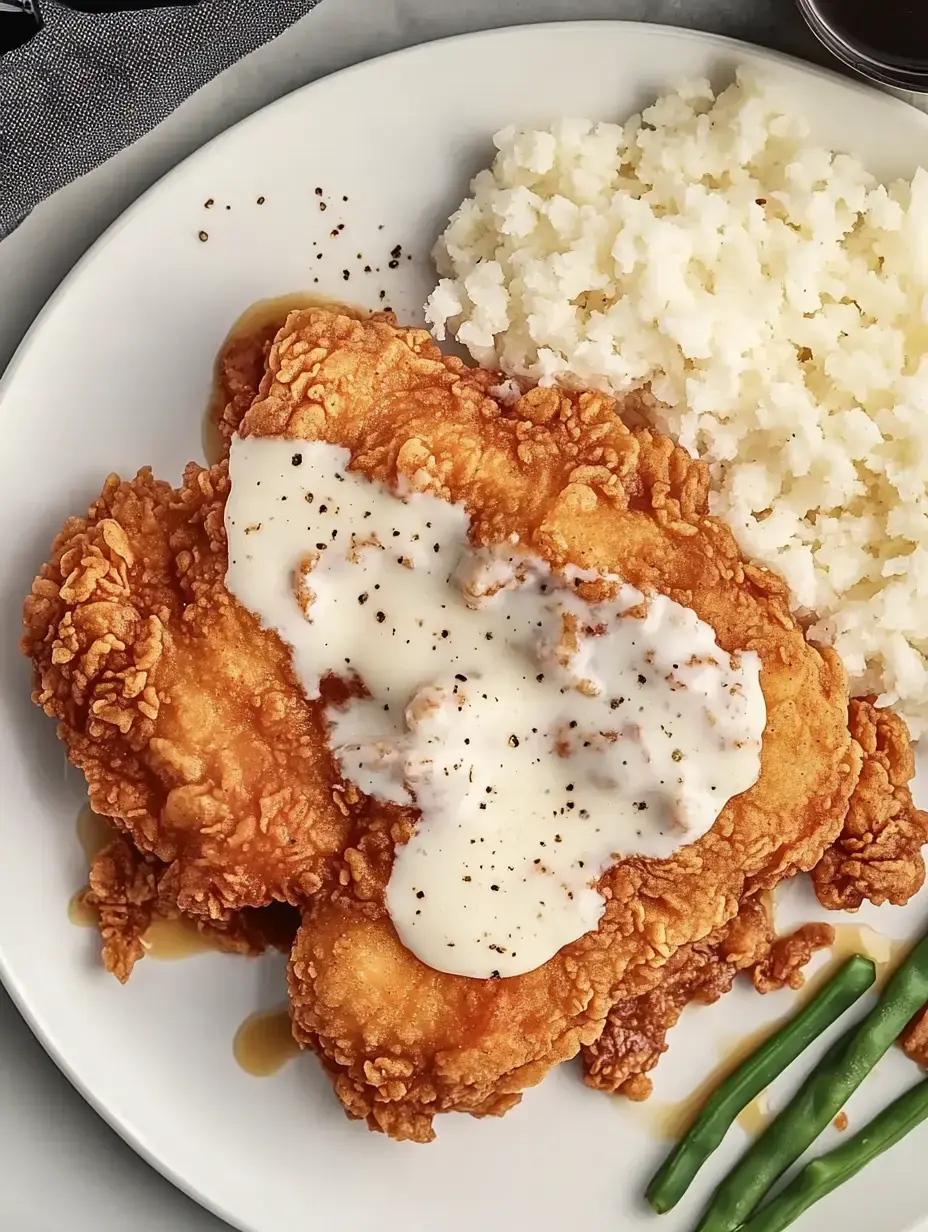 A plate of crispy fried chicken topped with white gravy, served alongside mashed potatoes and green beans.