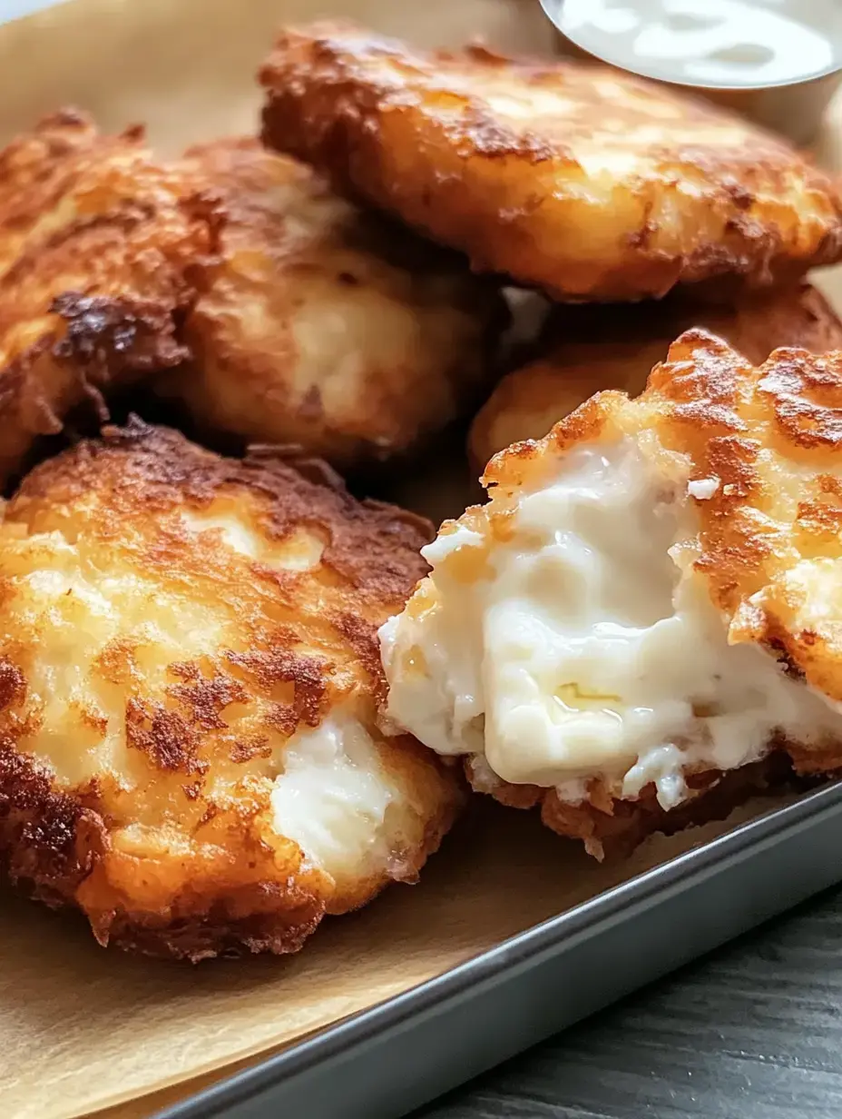 A tray of golden-brown fried cheese patties, one of which is cut open to reveal a gooey cheesy interior.