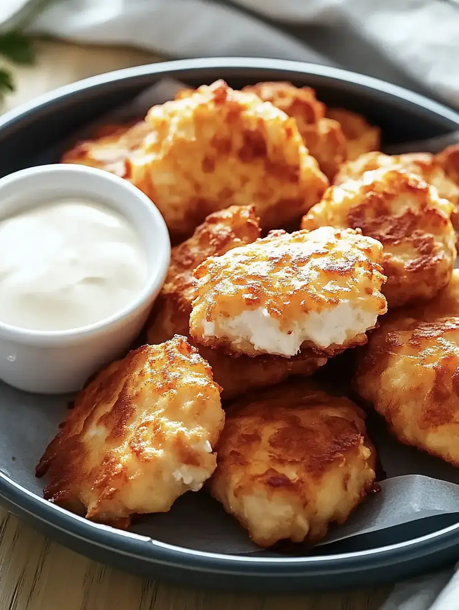 A plate of golden fried cheese bites served with a small bowl of creamy dipping sauce.