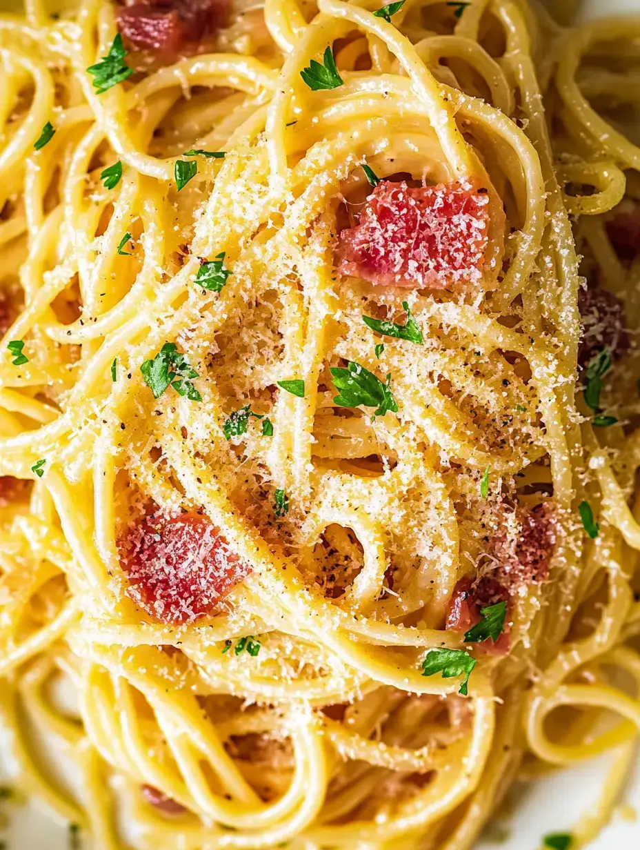 A close-up image of spaghetti topped with grated cheese, parsley, and diced meat.