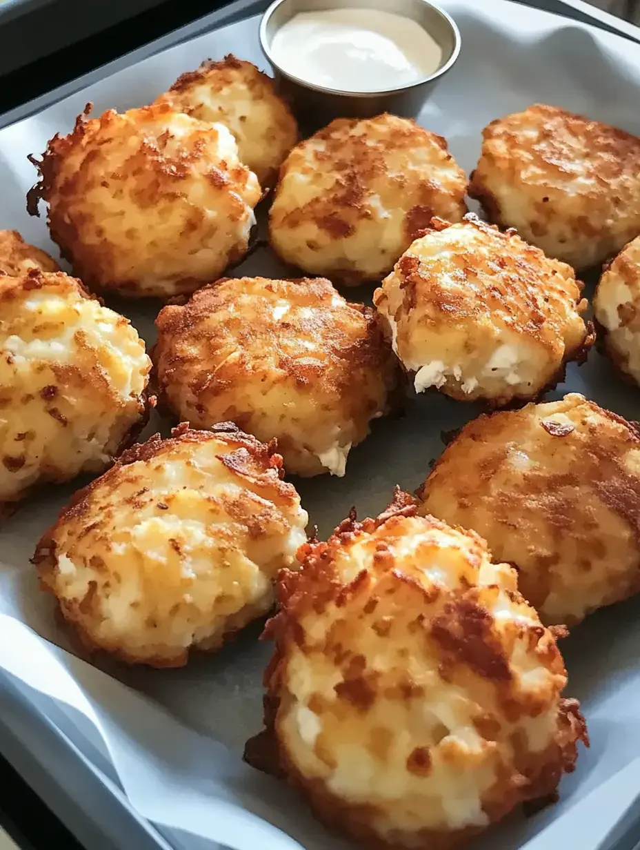 A tray of golden-brown, crispy potato cakes served with a small bowl of dipping sauce.