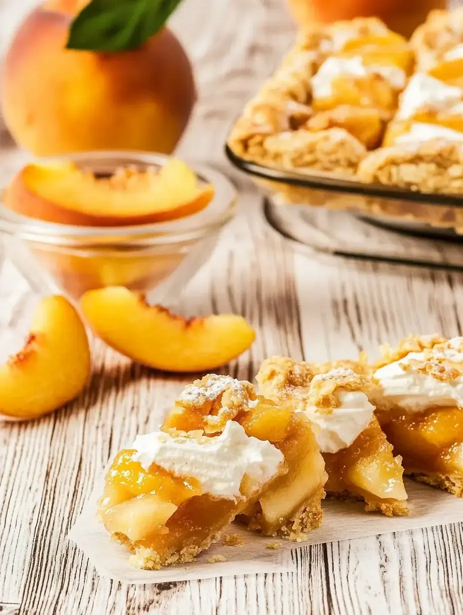 A slice of peach pie topped with whipped cream, surrounded by fresh peach slices and a whole peach in the background.