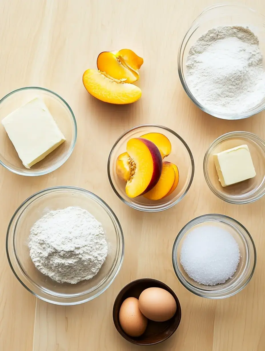 A top-down view of various baking ingredients including flour, butter, sugar, peaches, and eggs arranged in glass bowls on a wooden surface.