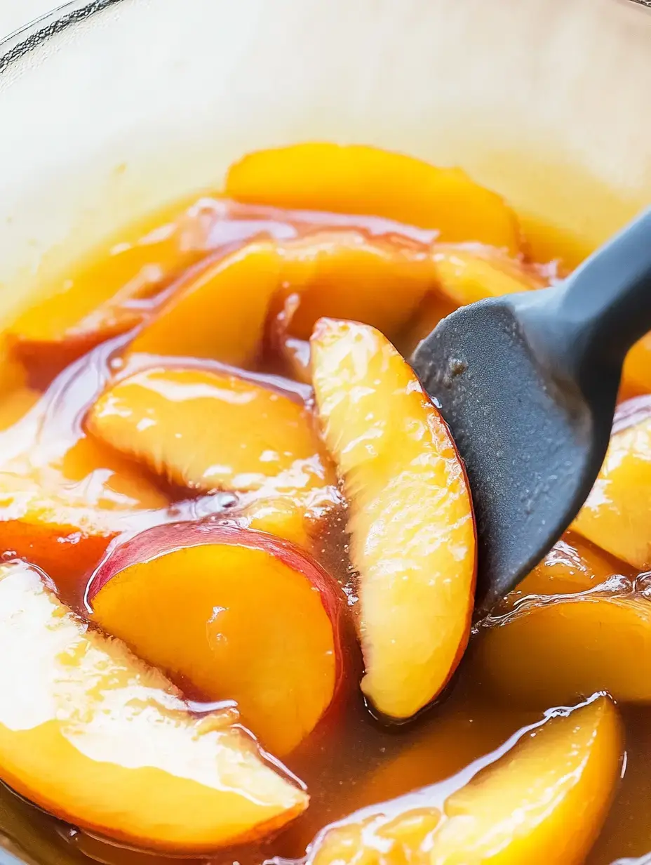 A close-up image of sliced peaches in a glossy syrup with a spatula stirring them.