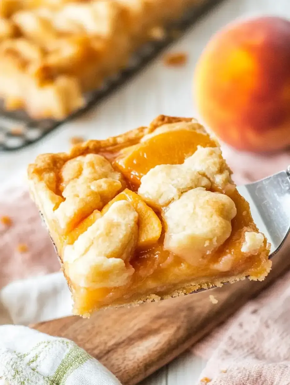 A slice of peach dessert with a crumbly topping is being held up by a spatula, accompanied by a whole peach in the background.