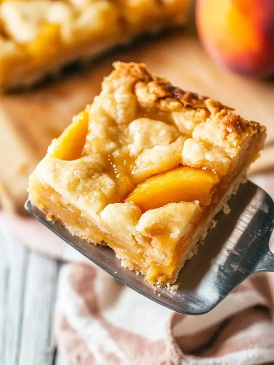 A slice of peach dessert is being lifted with a spatula, showcasing a golden, flaky crust and shiny peach slices on top.