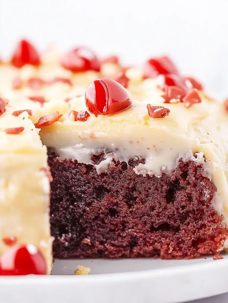 A close-up of a chocolate cake topped with creamy frosting, red cherries, and chopped nuts.