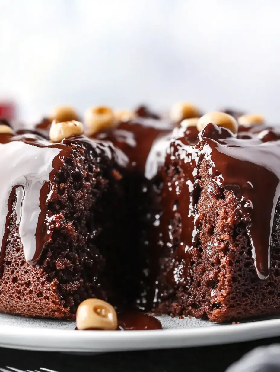 A close-up of a moist chocolate cake drizzled with glossy chocolate ganache and topped with scattered hazelnuts.