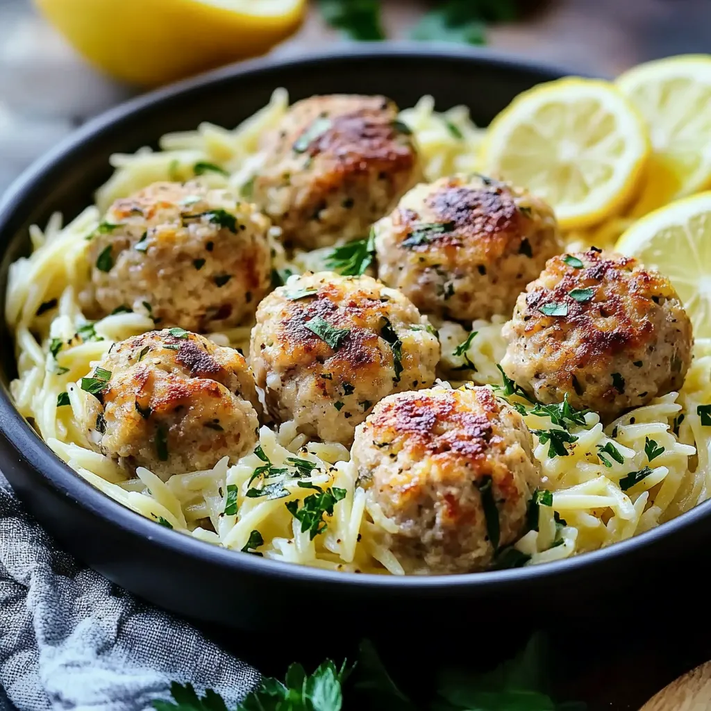 Lemon Chicken Feta Meatballs with Garlic Orzo