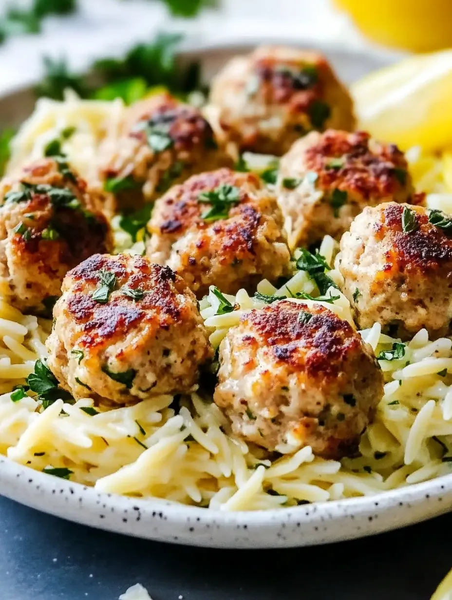 Lemon Chicken Feta Meatballs with Garlic Orzo Recipe