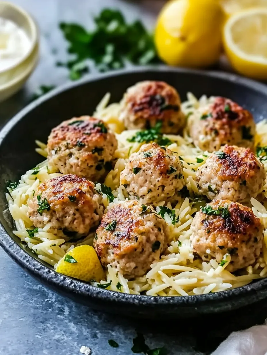 Easy Lemon Chicken Feta Meatballs with Garlic Orzo Recipe