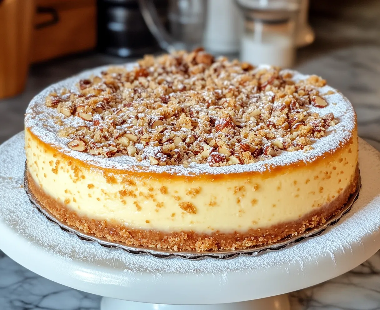 A slice of cake with nuts on top.