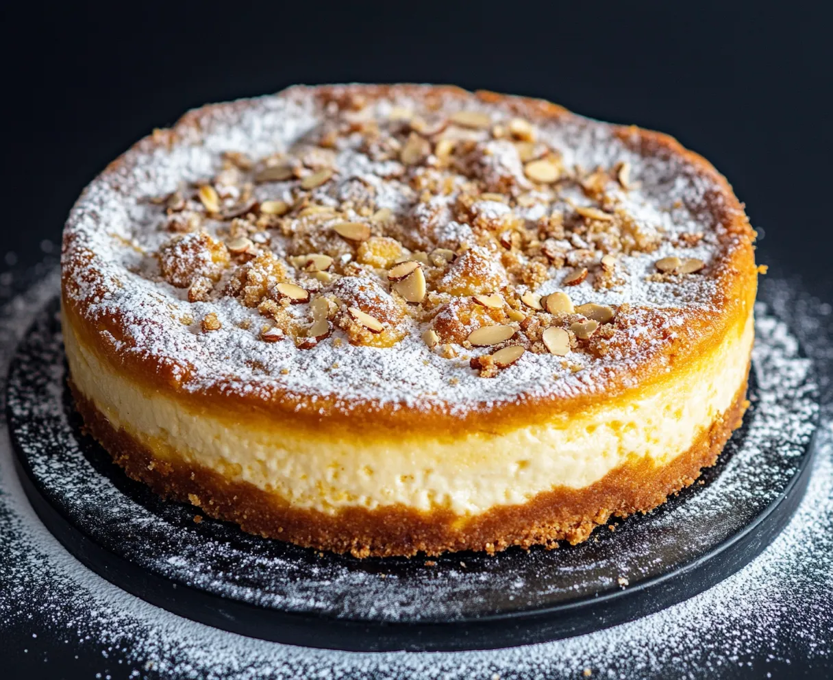 A slice of cake with almonds on top.