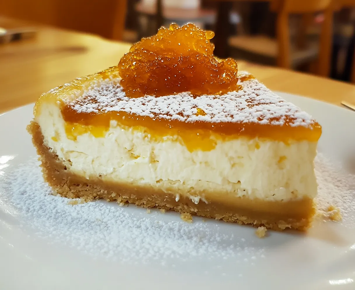 A slice of cheesecake with a jelly topping.