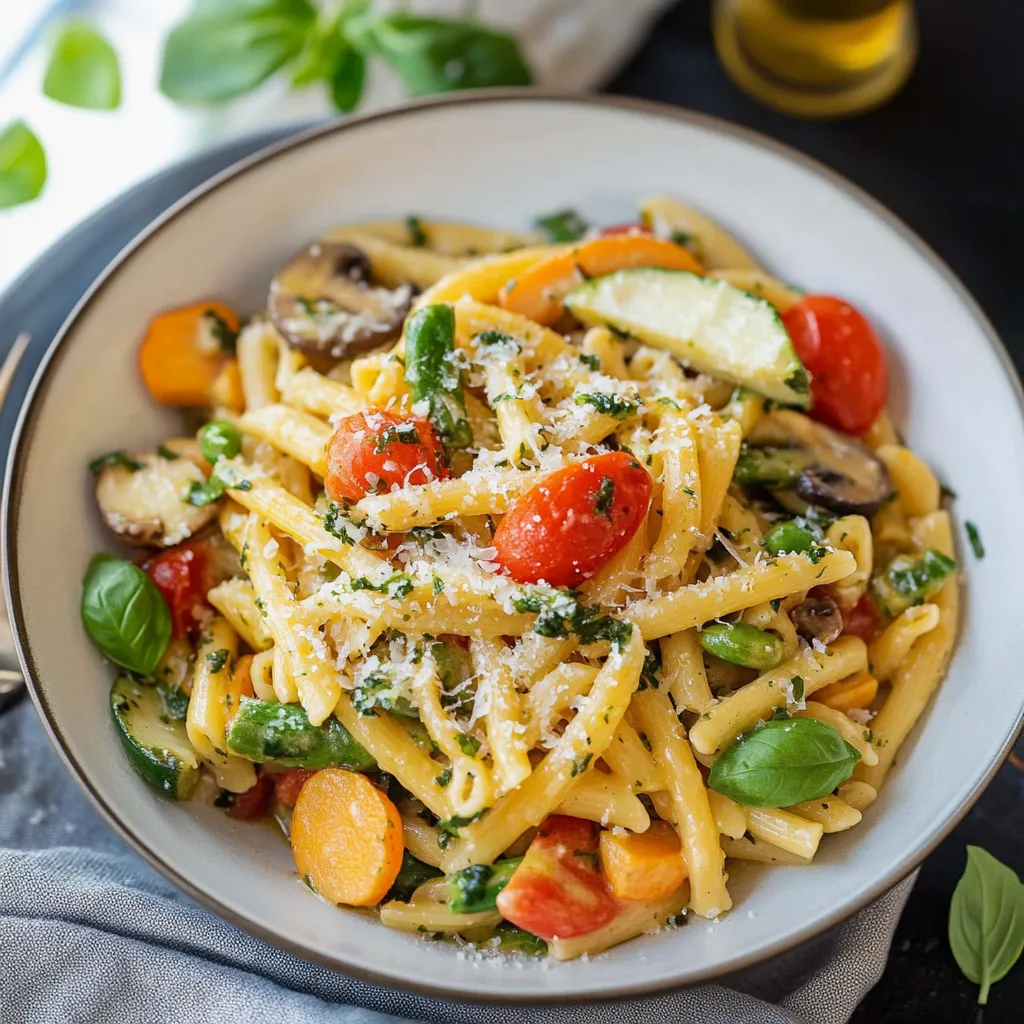 A bowl of pasta with tomatoes, mushrooms, and basil.