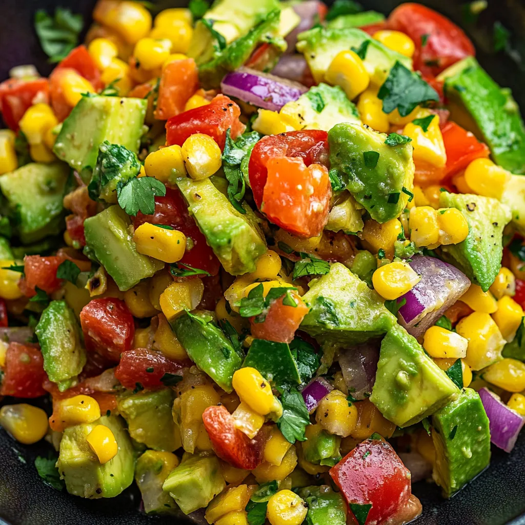 A bowl of vegetables including corn, tomatoes, onions, and avocados.
