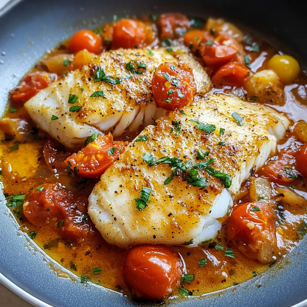 A plate of fish with tomatoes and herbs.