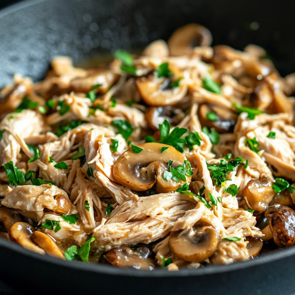 A pan of chicken and mushrooms.