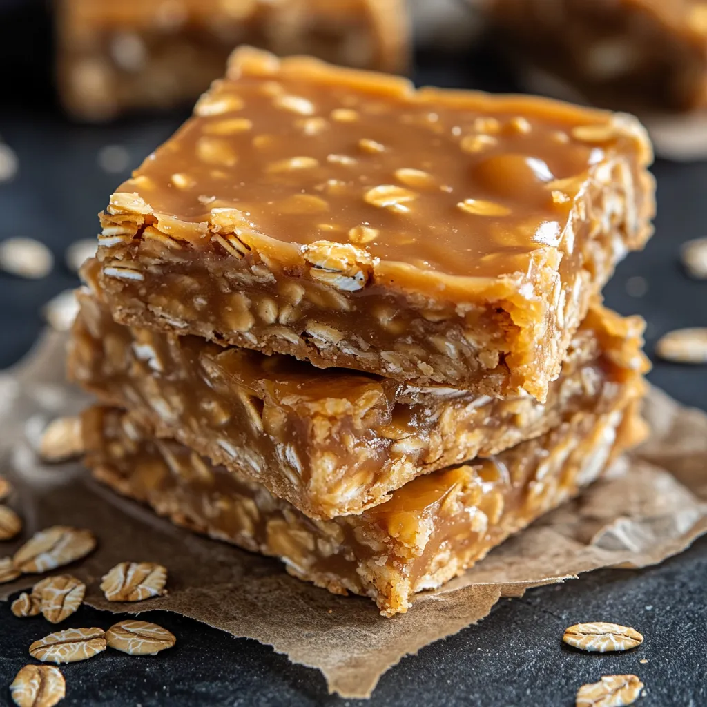 A stack of caramel squares with nuts.