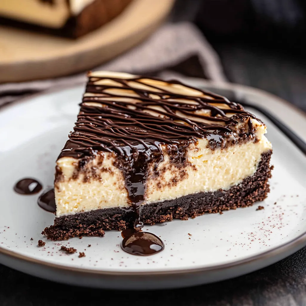 A slice of cheesecake with chocolate drizzle on a plate.