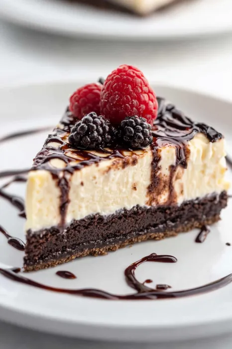 A slice of cheesecake with a raspberry on top.