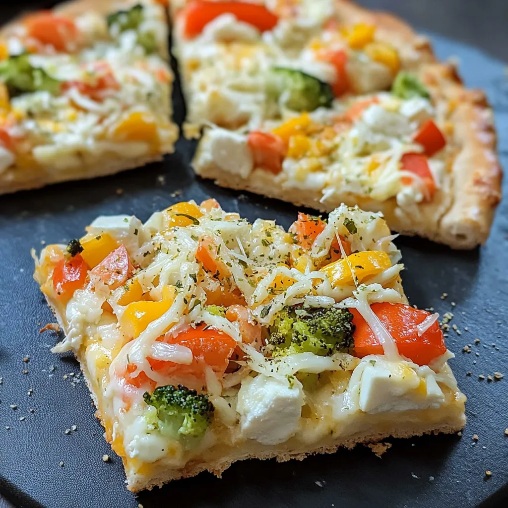 A slice of pizza with cheese and broccoli.