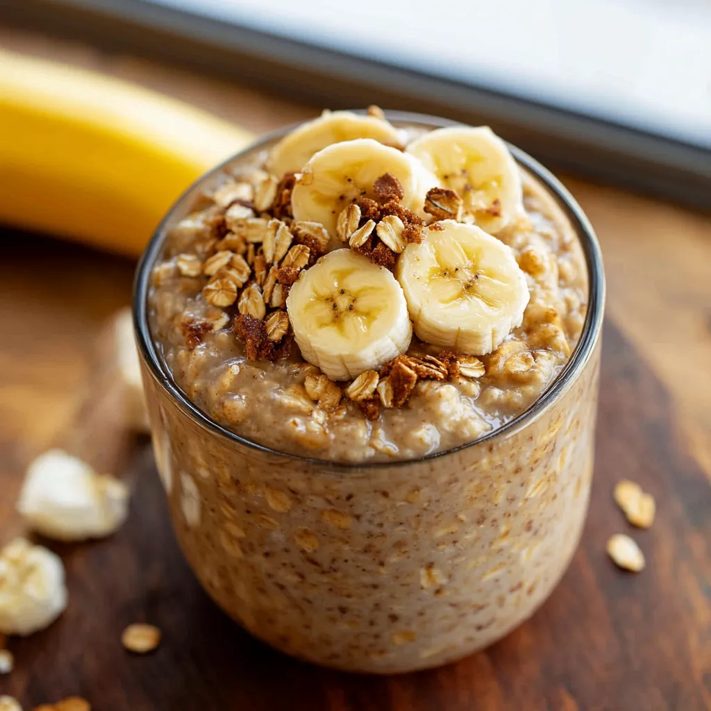A glass of oatmeal with bananas on top.