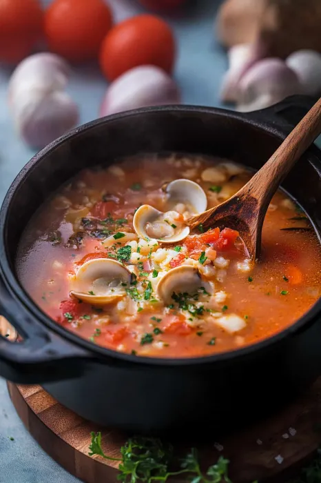A bowl of soup with a wooden spoon.