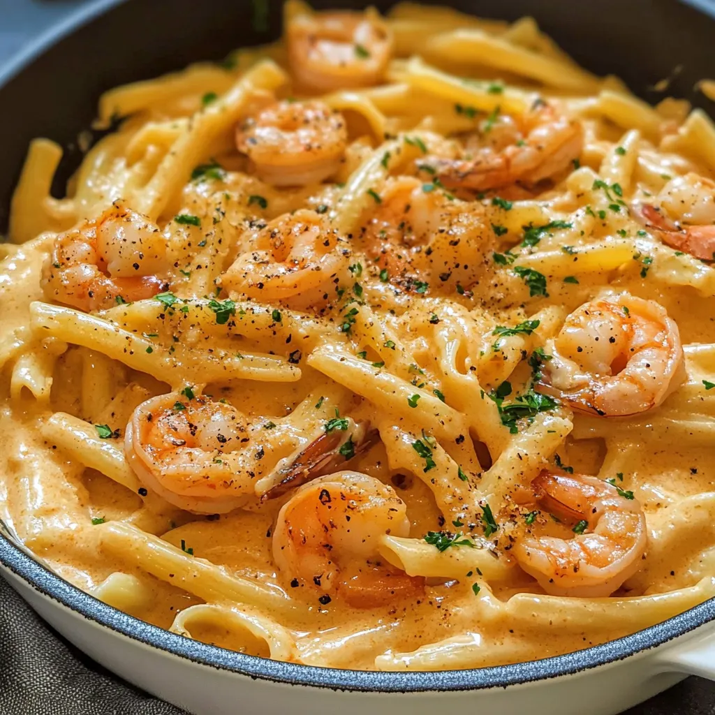 A bowl of shrimp and pasta.