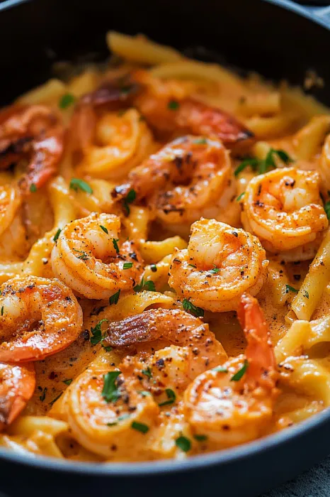 A bowl of shrimp and pasta.