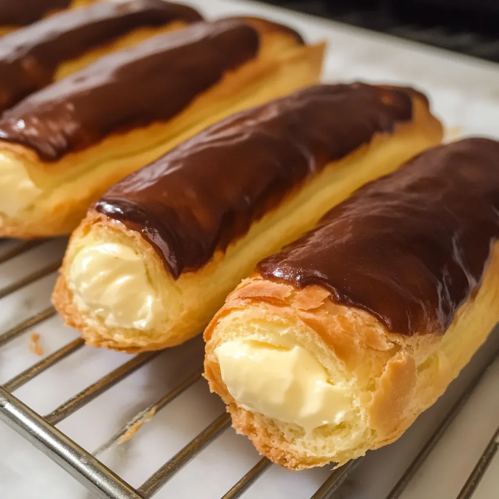 A row of chocolate covered cream filled pastries.