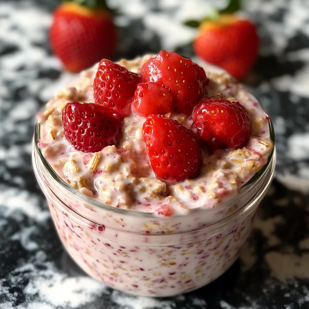 A bowl of strawberry yogurt with strawberries on top.