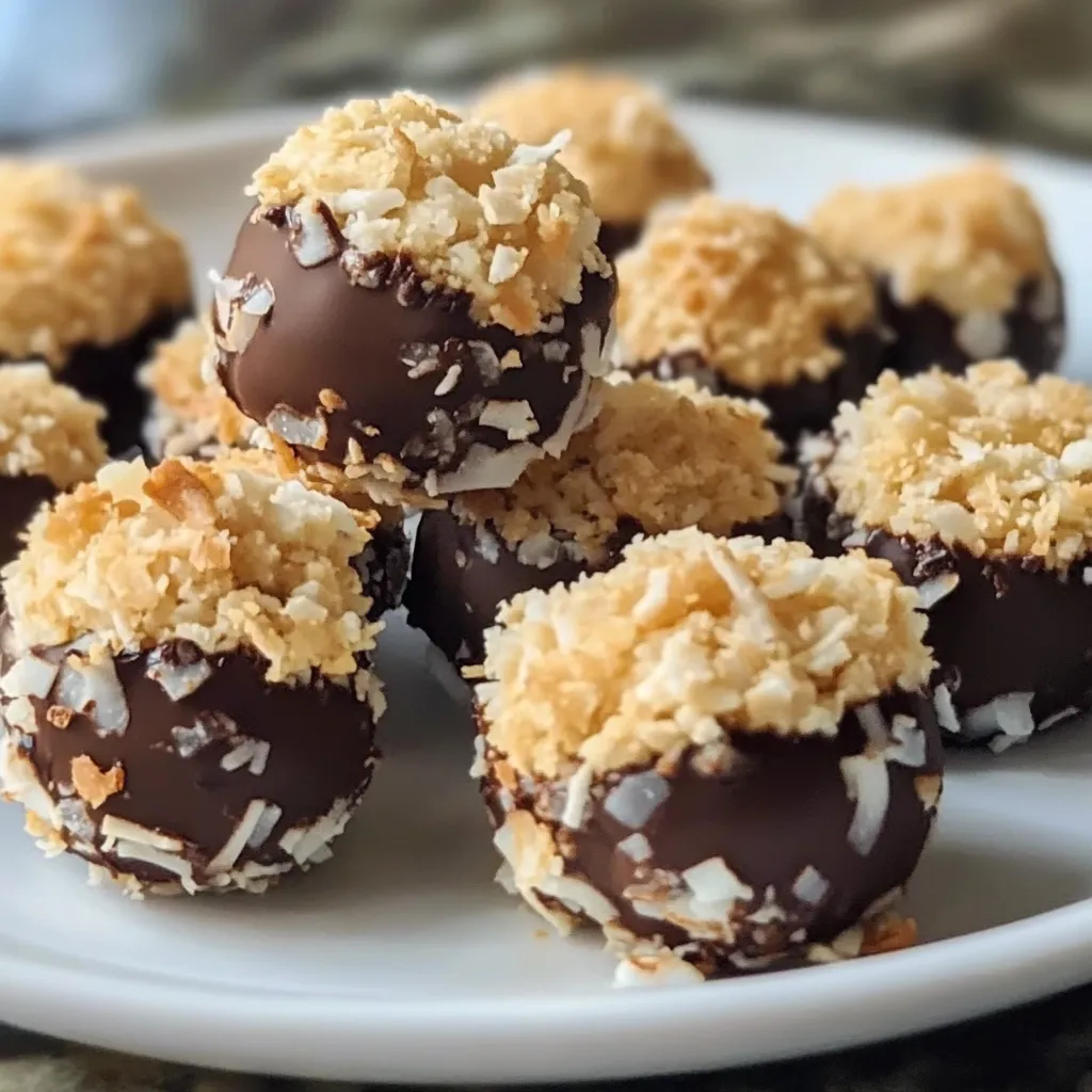 A plate of chocolate covered coconut balls.