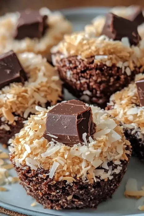 A chocolate covered cookie with coconut on top.