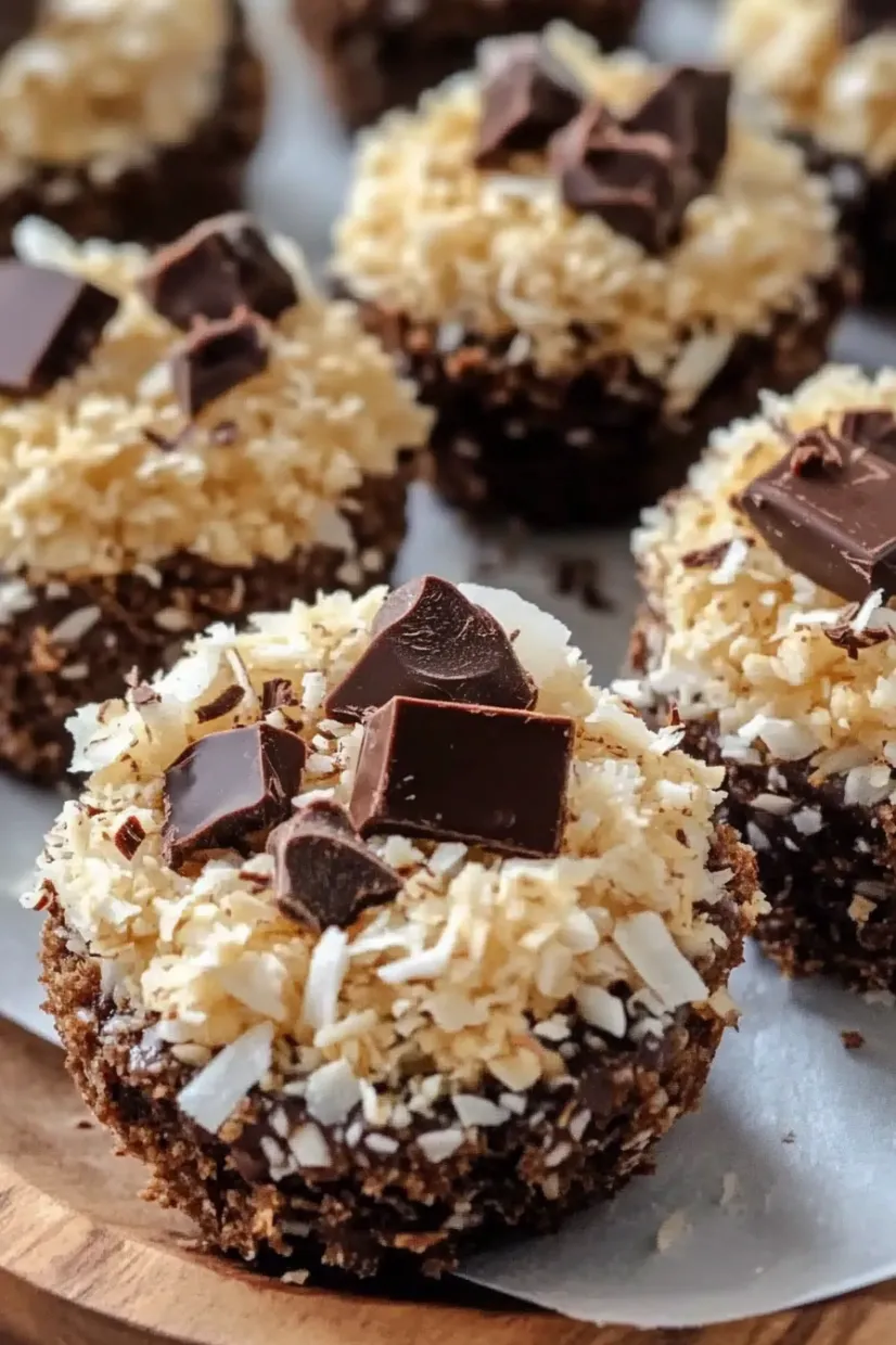 A chocolate covered coconut cupcake.
