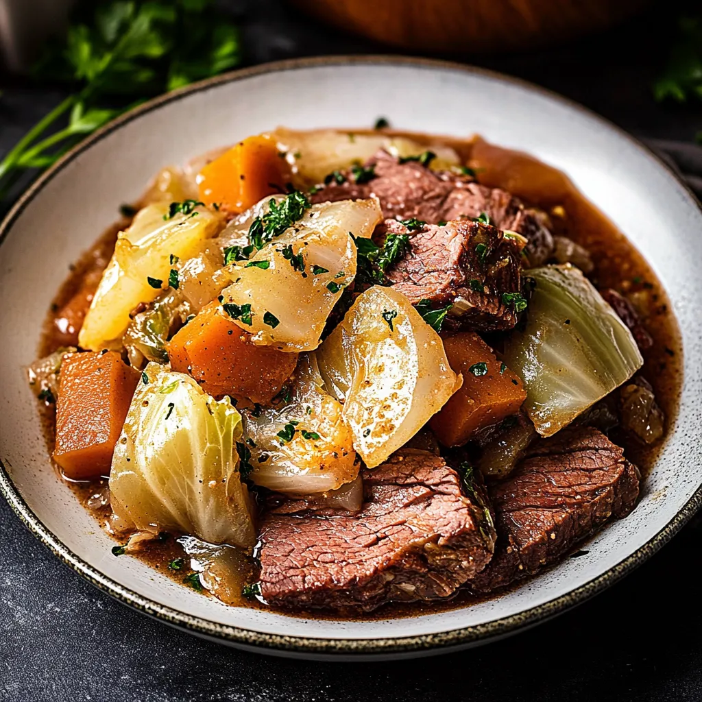 A plate of beef and vegetables.