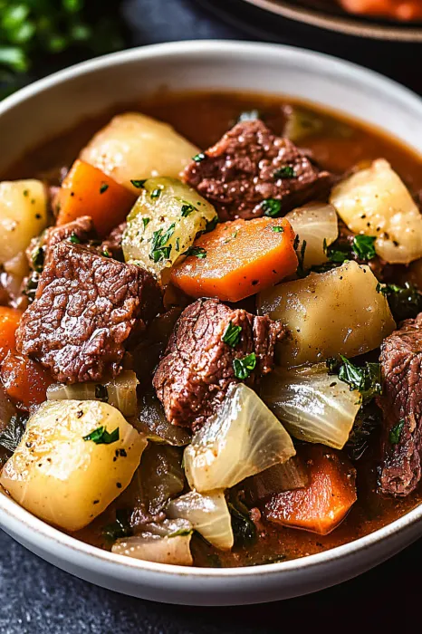 A bowl of stew with meat and vegetables.