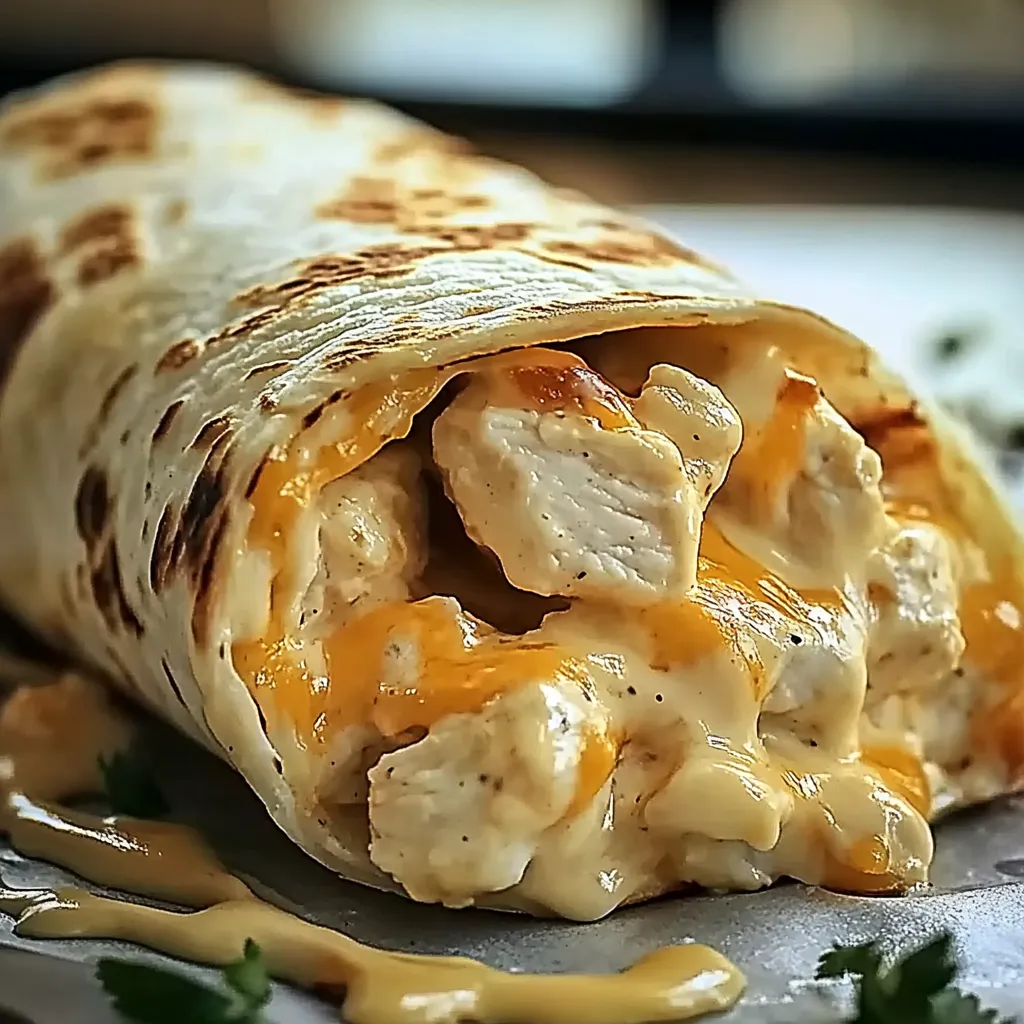 A chicken burrito with cheese and sauce.
