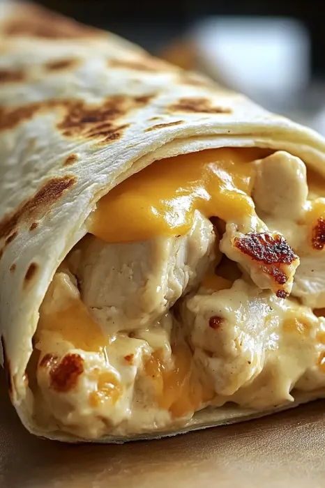 A chicken burrito with cheese.