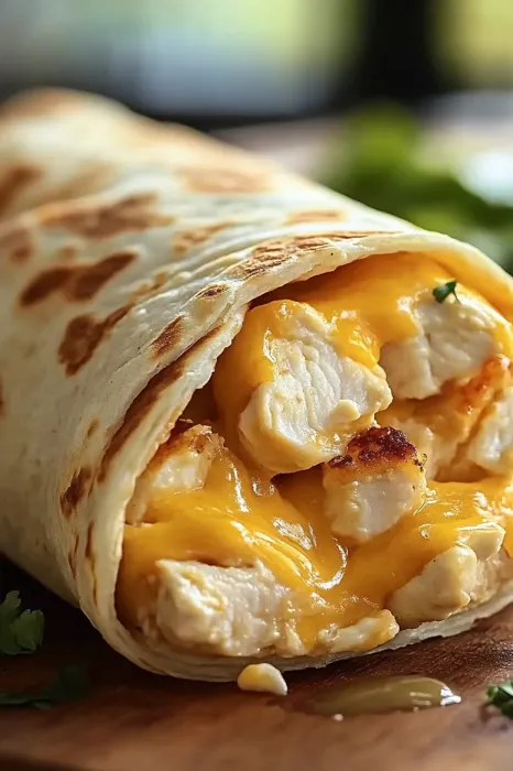 A burrito with chicken and cheese.