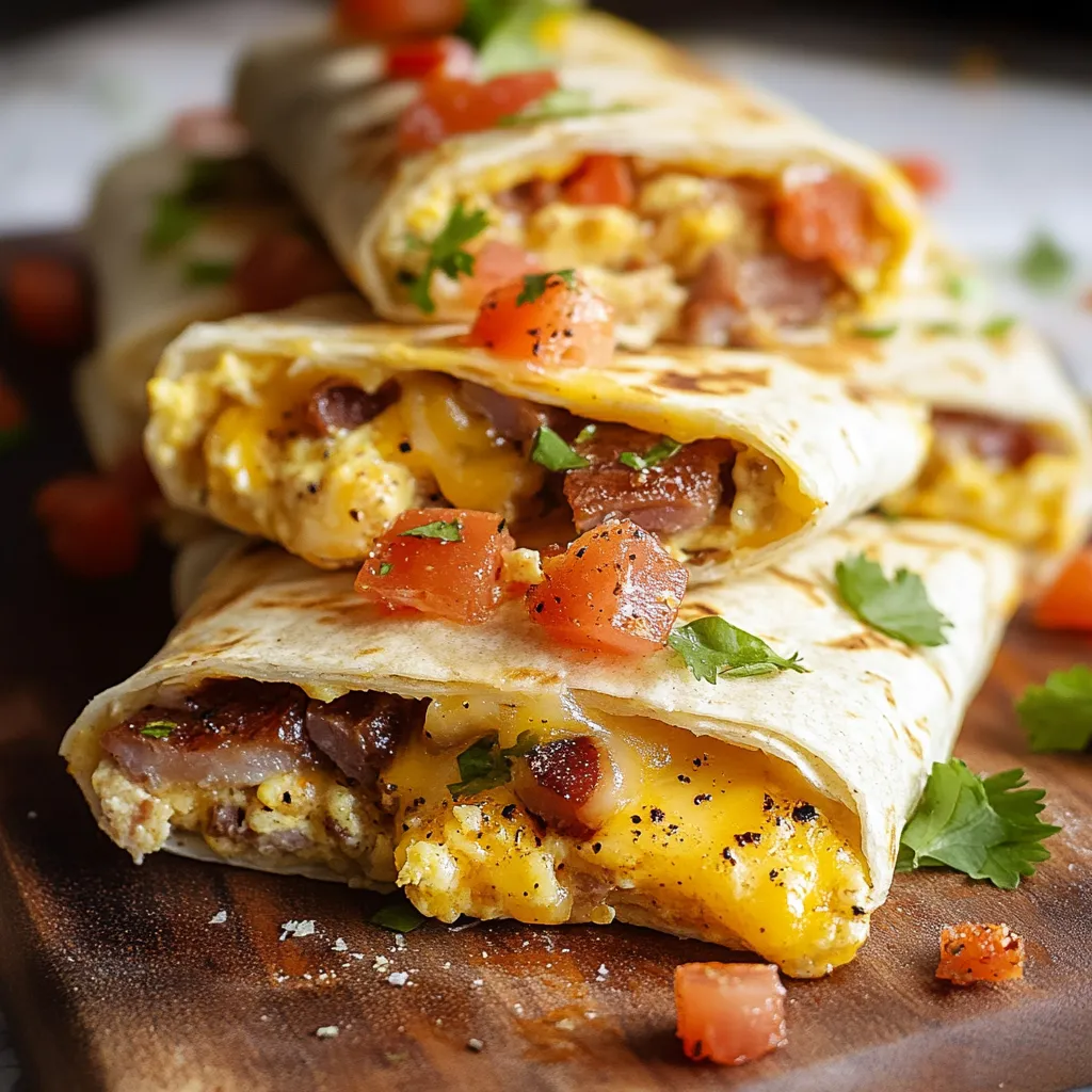 A stack of breakfast burritos with tomatoes and cheese.