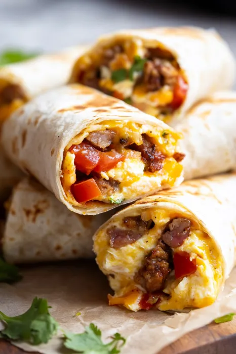 A plate of food with a burrito and eggs.