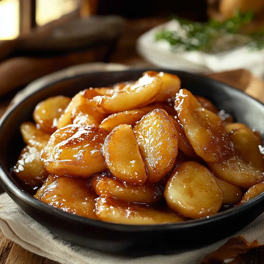 A bowl of apples with a sauce.