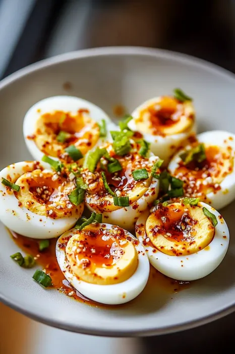 A plate of eggs with sauce.