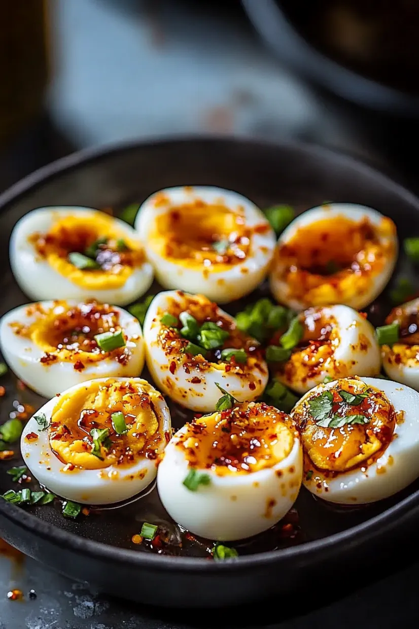 A bowl of eggs with sauce.