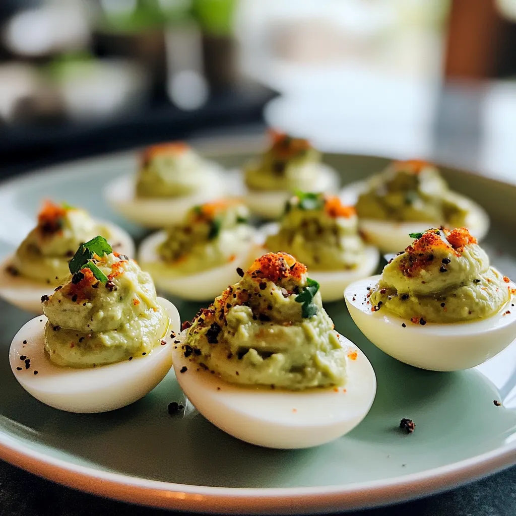 A plate of deviled eggs with orange toppings.