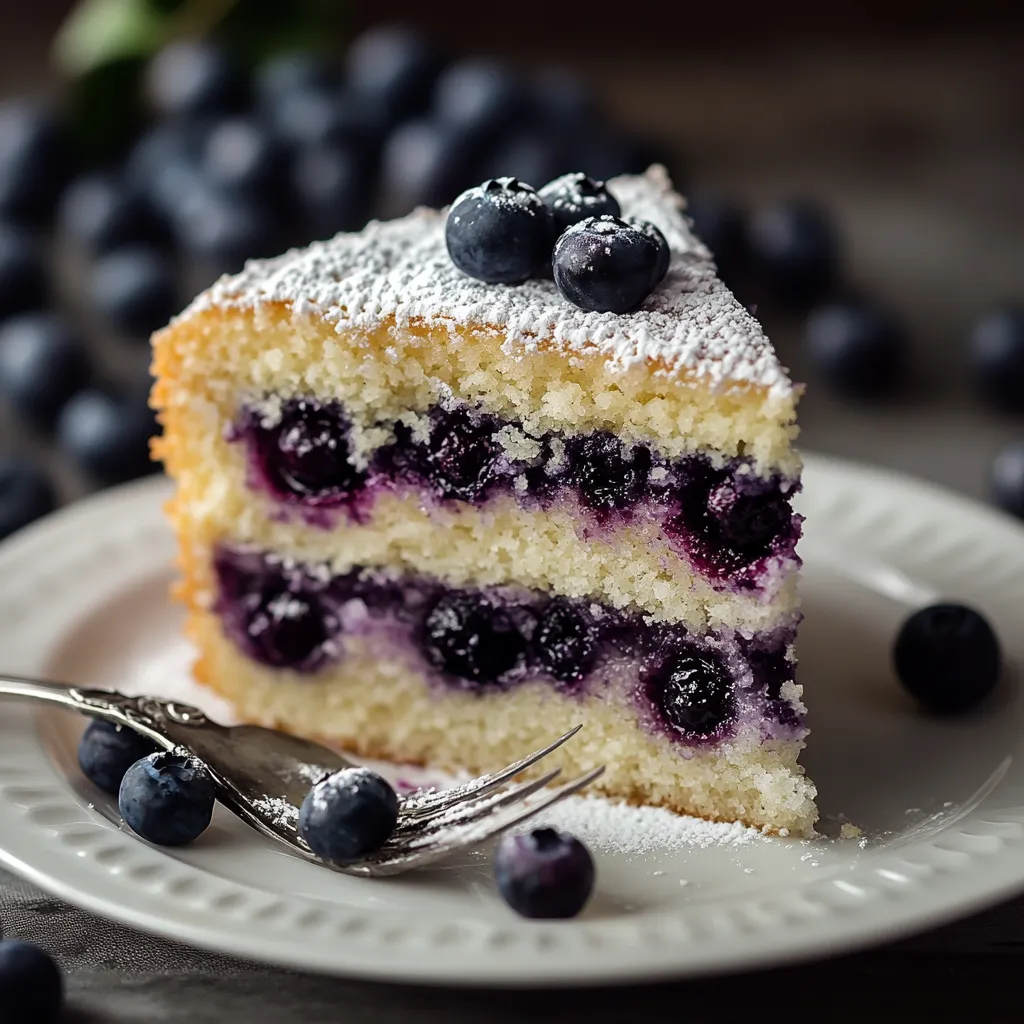 A slice of blueberry cake on a white plate.