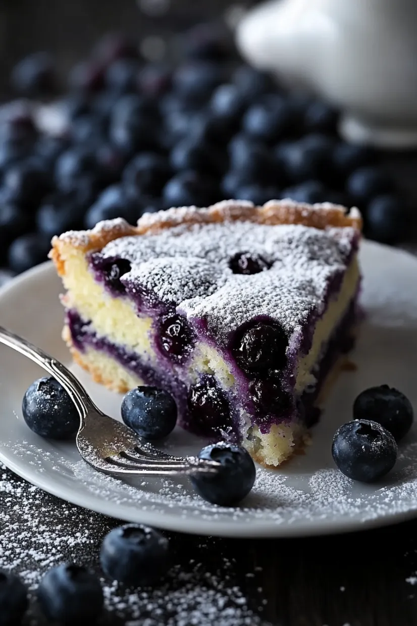 A slice of blueberry pie with powdered sugar on top.